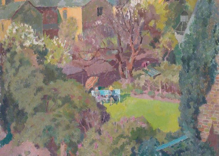 in-the-garden-henry-hoyland-c-1930-two-women-overlooked-from-the-neighbouring-property